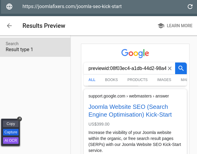 Product snippets include the price for our Joomla SEO Kick-Start service.